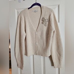 LOFT Beige Cardigan with Bow Accent
